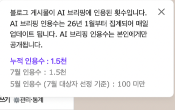 네이버 블로그 통계 — 누적 AI 브리핑 인용수 1.5천